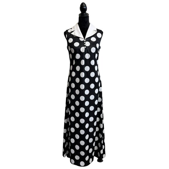 1960s Jean Lang Black & White Polka Dot Sleeveless Maxi Dress with Collar VTG - Picture 1 of 7
